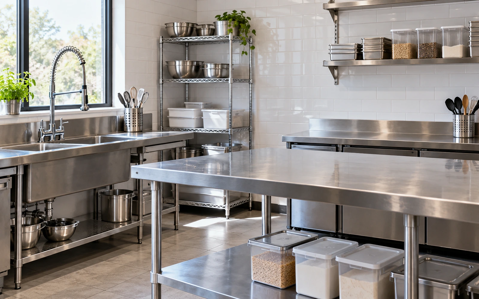 Daylit commercial prep kitchen with stainless-steel counters, a sink, tidy shelves, and closed ingredient containers.